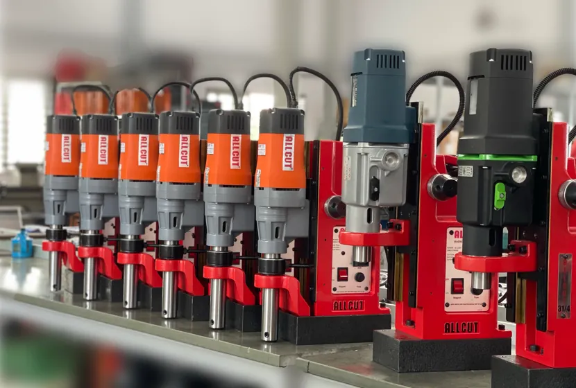 Magnetic drills lined up for final inspection